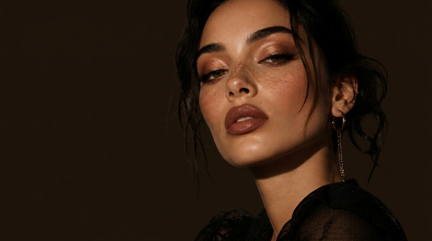 Exile Beauty — model with bold lip and shimmer eye